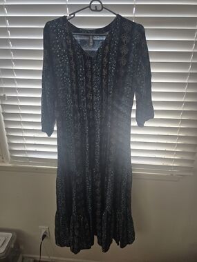 Black/Blue Floral Print Boho Midi Dress